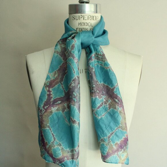 Vintage Silk Scarf, Blue and Purple Watercolor Print Rectangle Wrap - Picture 3 of 10